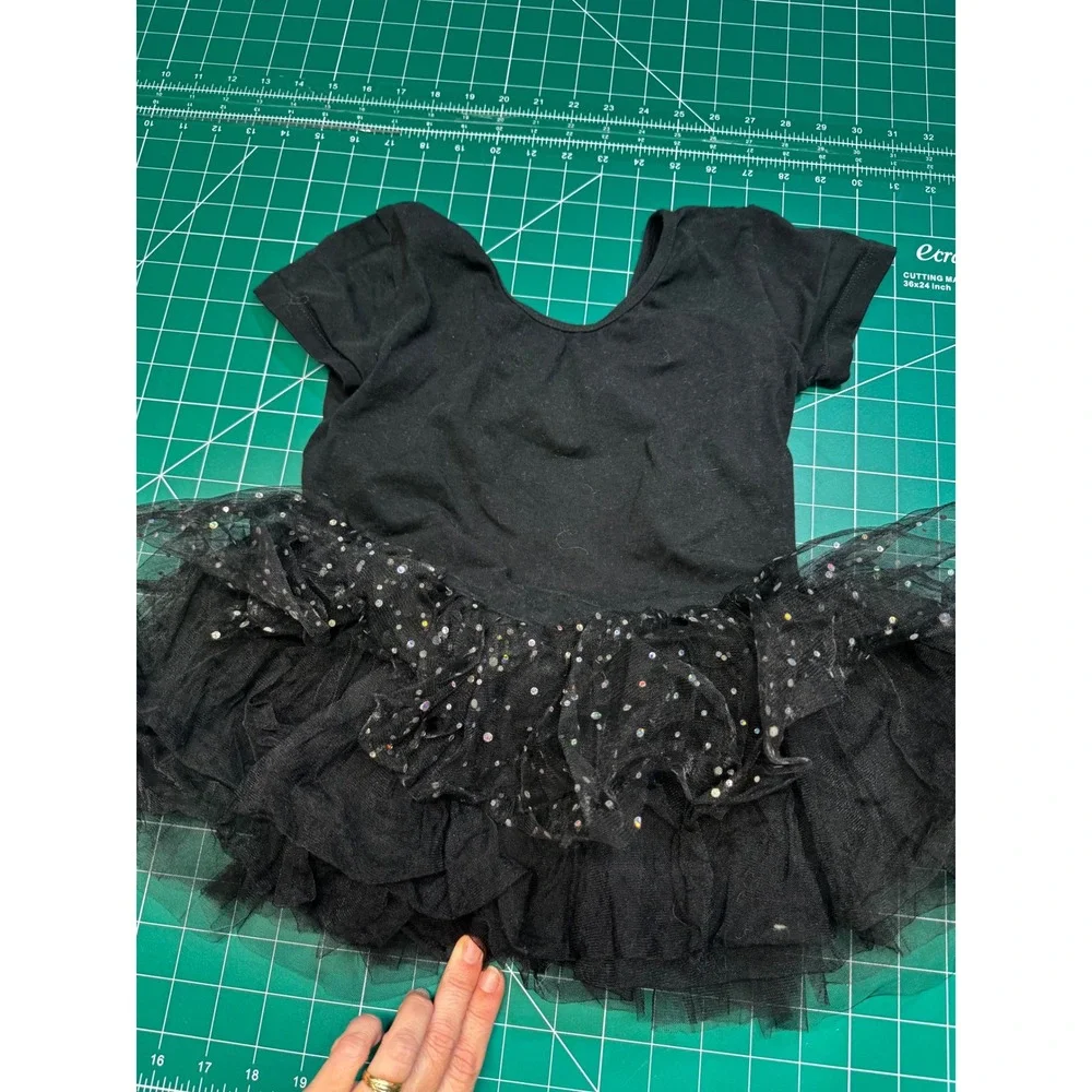 Girls Black Sequin Tulle Tutu Ballet Leotard Dress Short Sleeve Size 150